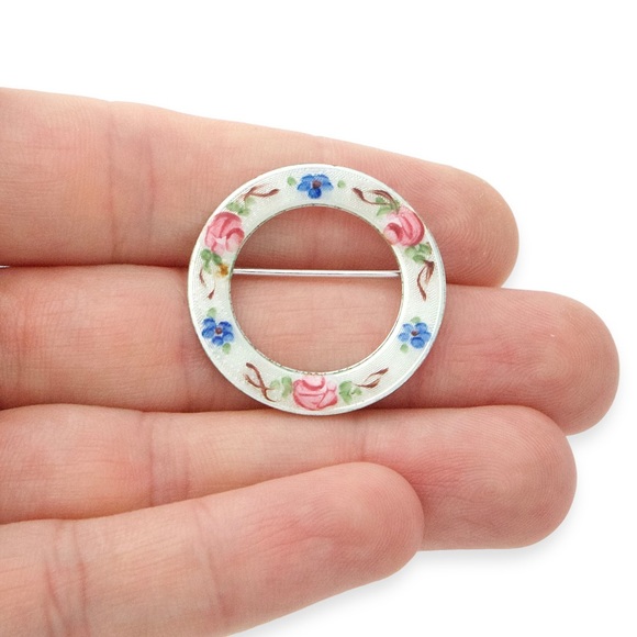 Vintage Guilloché Enamel Floral Circle Pin by La Mode Sterling Silver Brooch - Picture 2 of 4